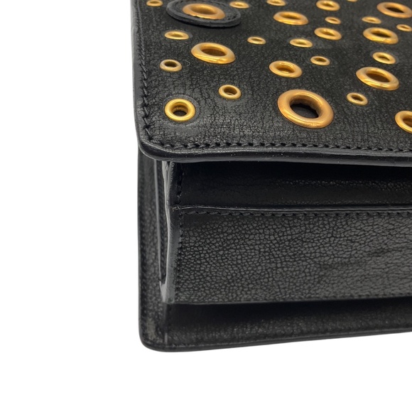 PRADA BLACK / GOLD GROMMET EMBELLISHED LOGO PLAQUE GRAINED LEATHER HANDBAG - Picture 7 of 13